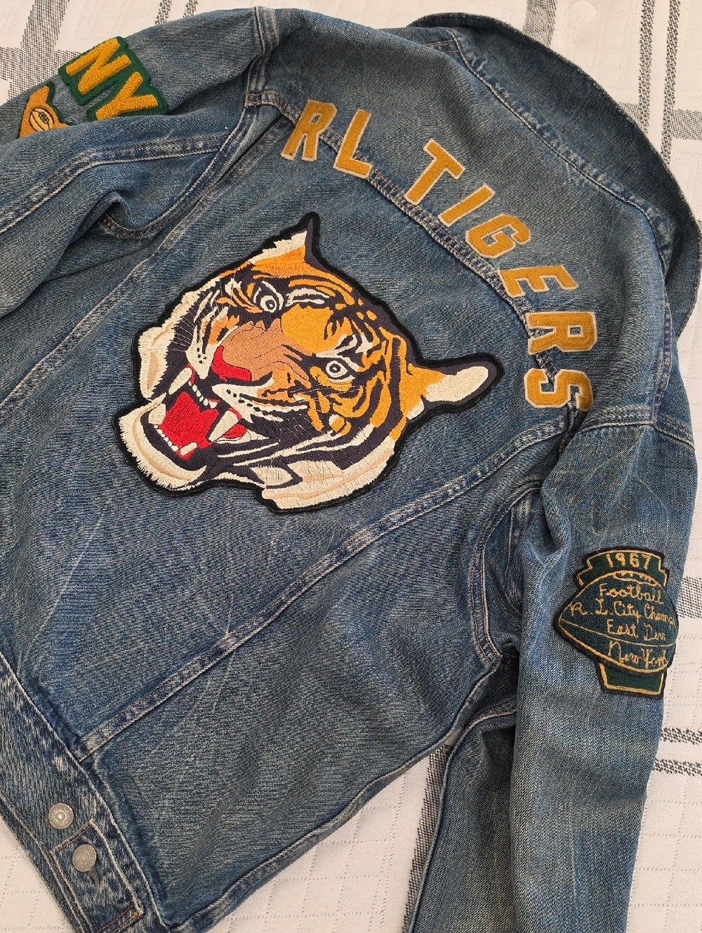 POLO Ralph Lauren Blue Denim TIGER Patch FOOTBALL LETTERMAN JACKET•Large•RARE! - Picture 7 of 15